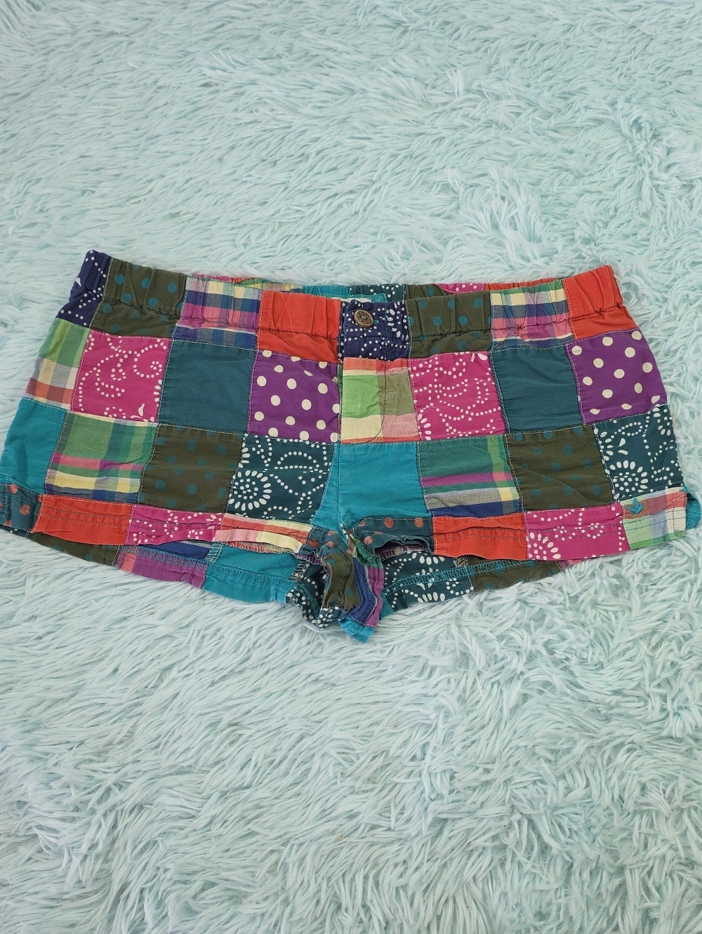 Aerie Multicolor Patchwork Cotton Jean Shorts M Low Rise Bohemian